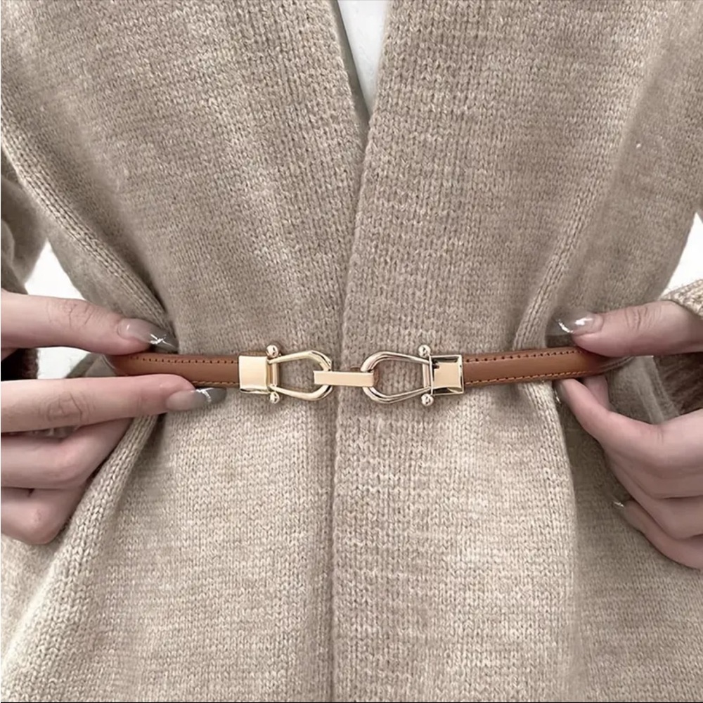 Camel Color Stylish Thin Belt Metal Simple Hook Buckle Adjustable Waist Band
